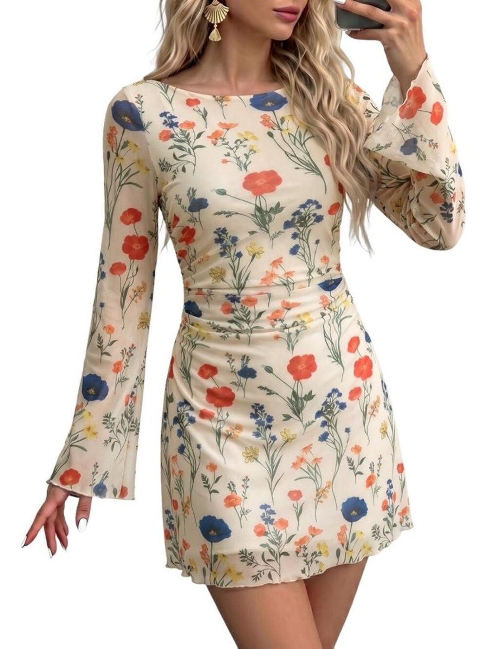 Chic Women's Bell Sleeve Crewneck A-Line Ruched Mesh Mini Dress - Perfect for